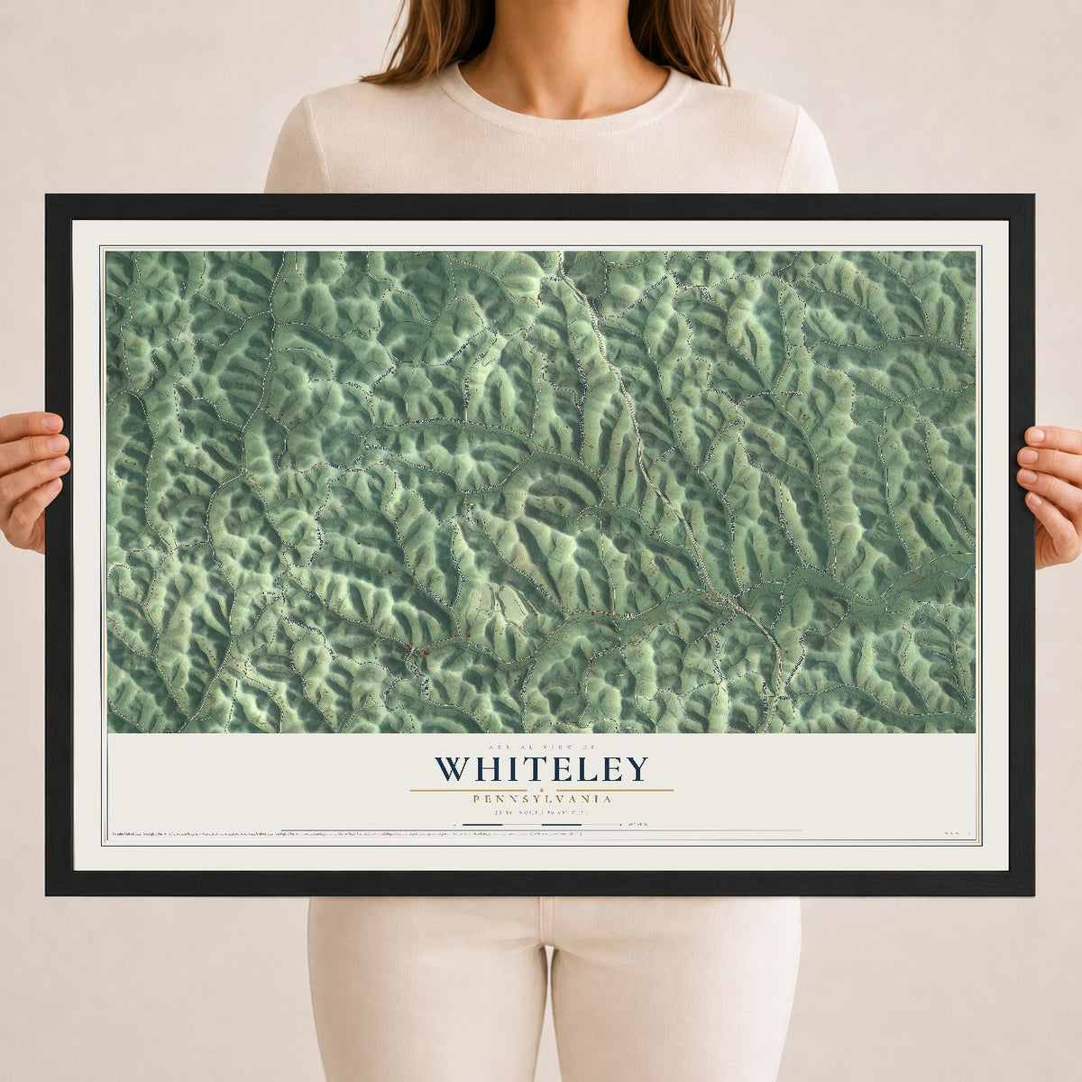 Map of Whiteley, Pennsylvania, 18 x 24 inch print in a black wood frame