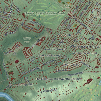 Close-up of the map of Whitemarsh, Pennsylvania print showing street and building detail