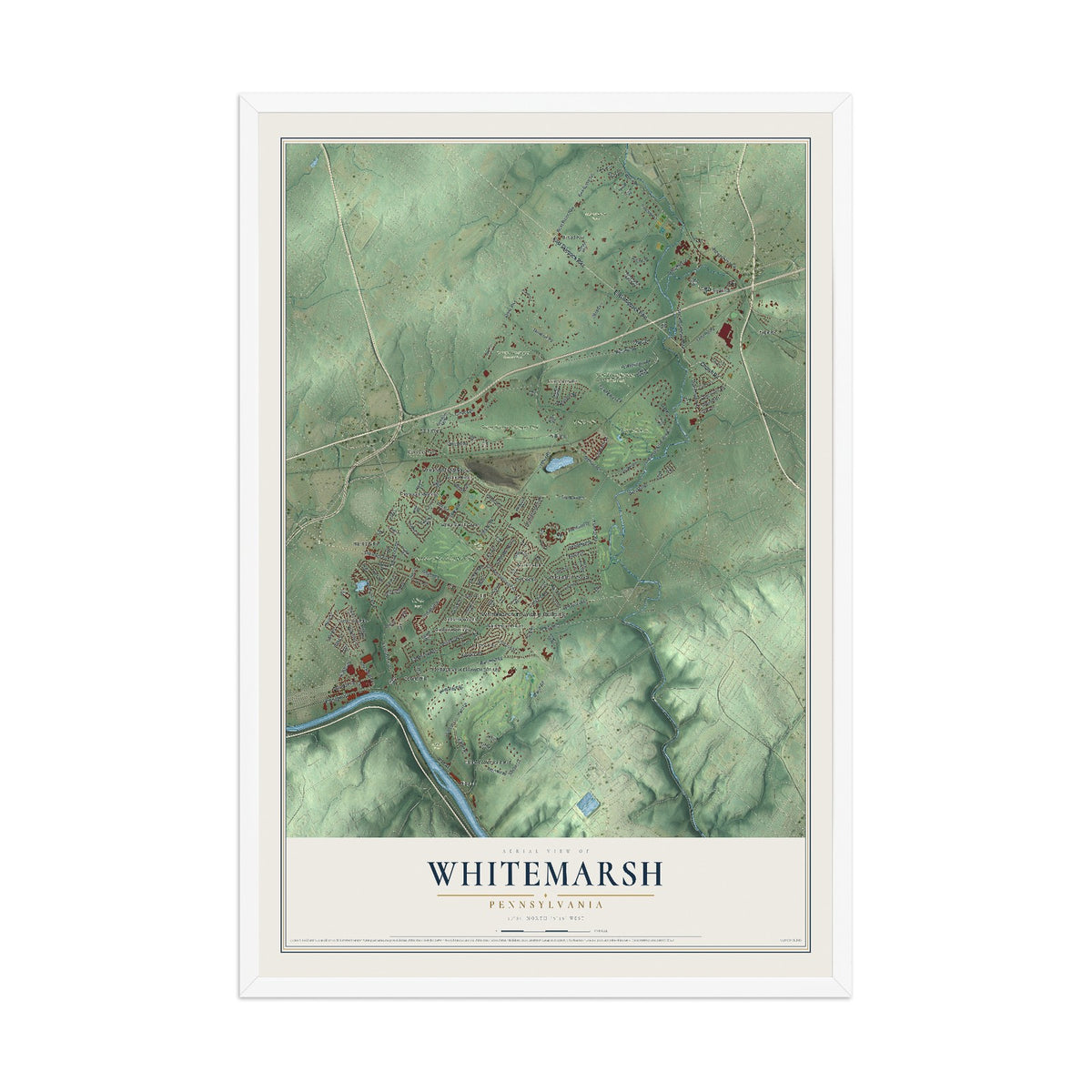 Map of Whitemarsh, Pennsylvania, 12 x 18 inch print in a white wood frame