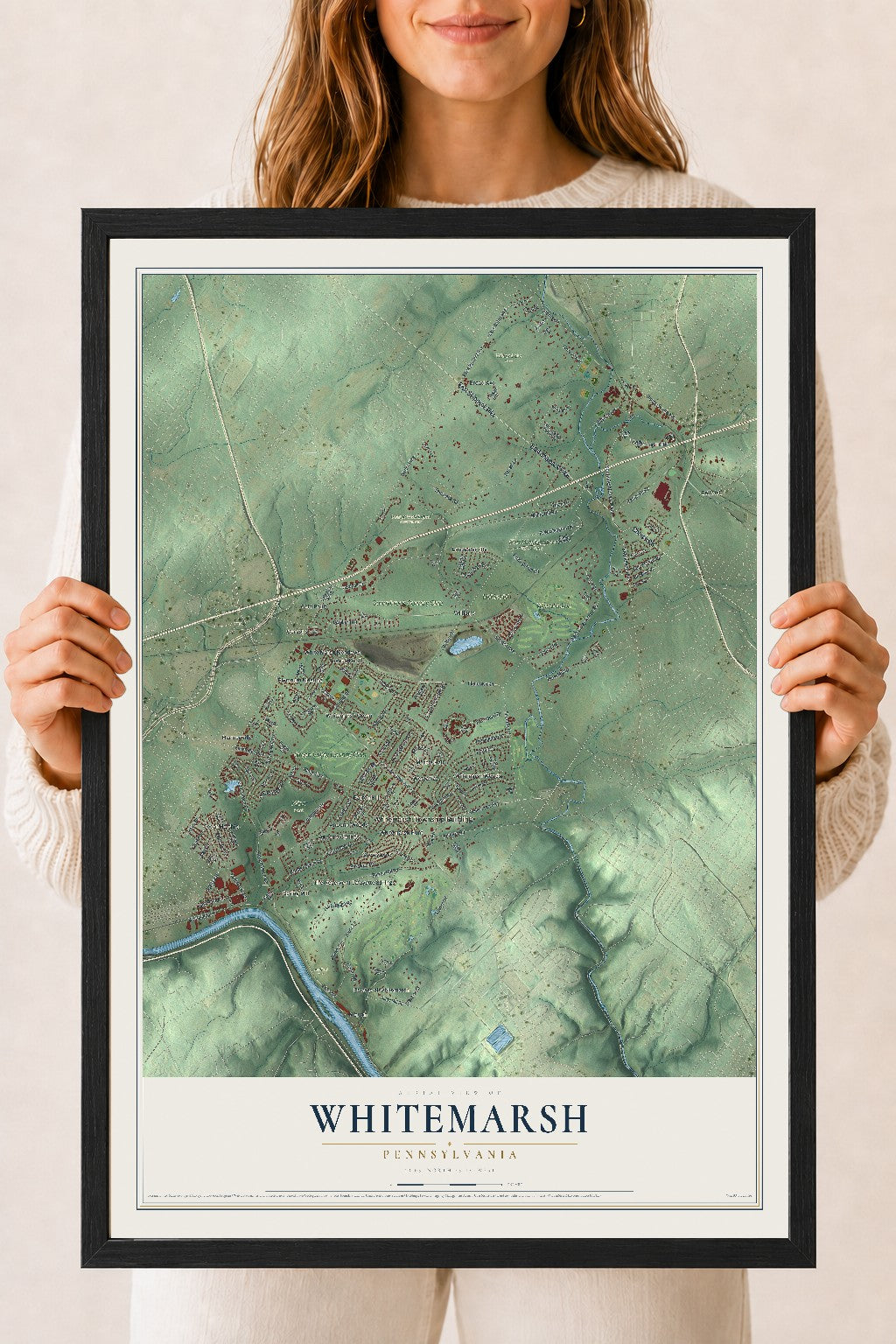 Map of Whitemarsh, Pennsylvania, 18 x 24 inch print in a black wood frame