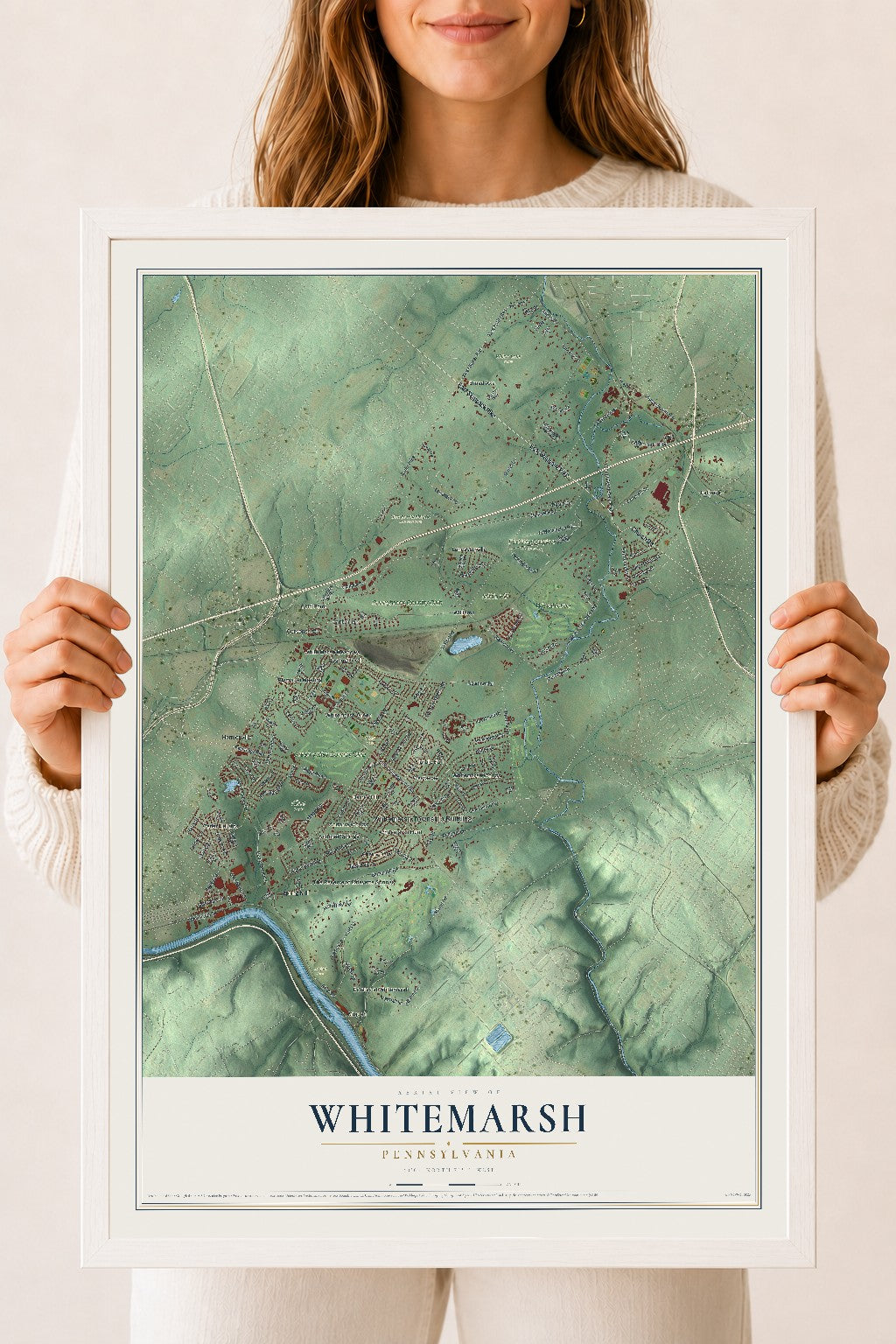 Map of Whitemarsh, Pennsylvania, 18 x 24 inch print in a white wood frame
