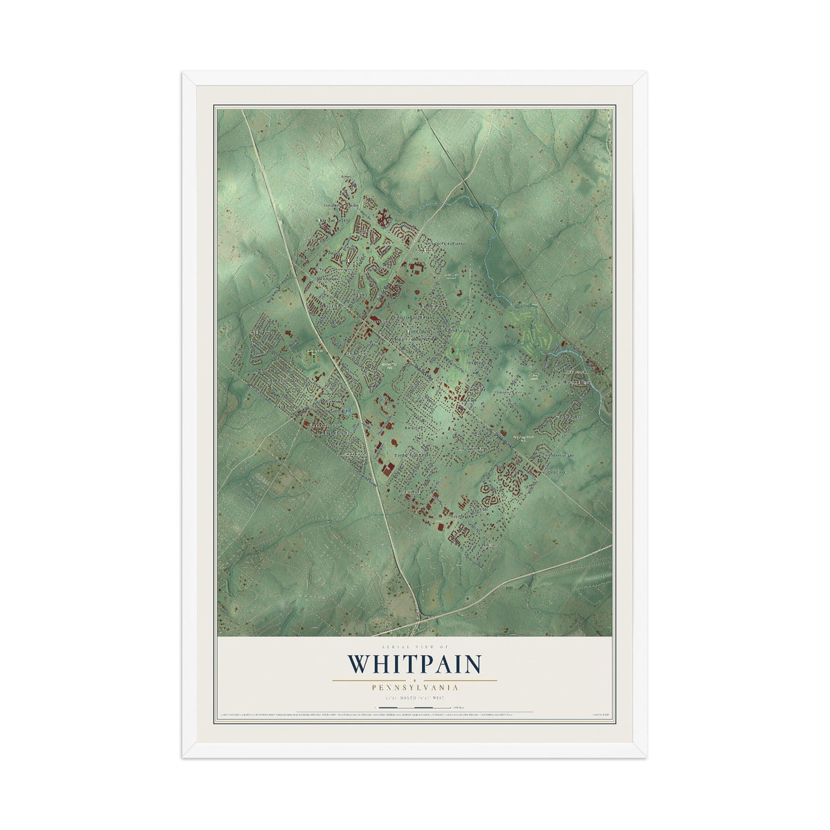 Map of Whitpain, Pennsylvania, 12 x 18 inch print in a white wood frame