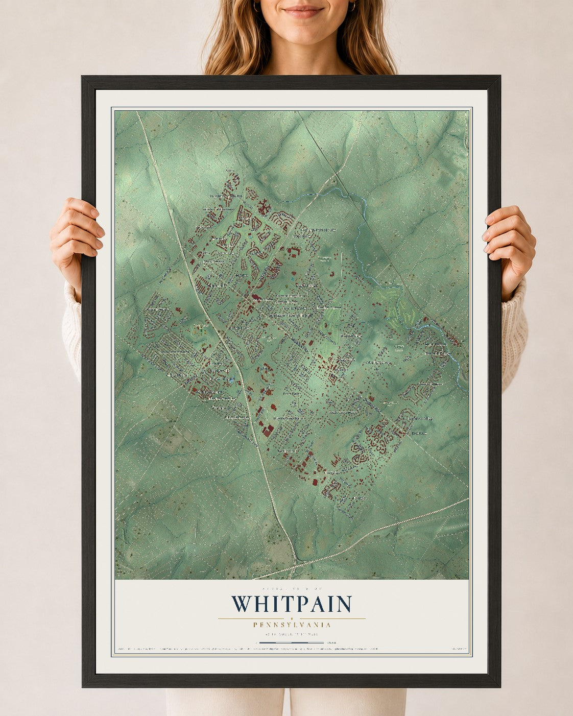 Map of Whitpain, Pennsylvania, 24 x 36 inch print in a black wood frame
