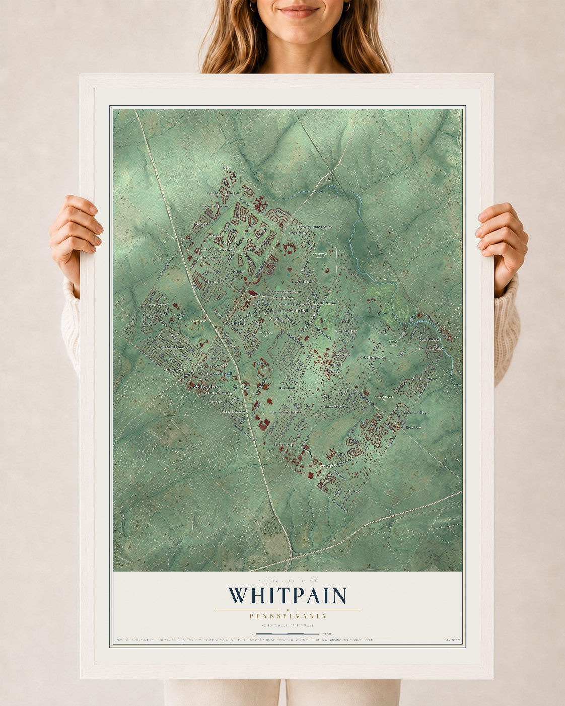 Map of Whitpain, Pennsylvania, 24 x 36 inch print in a white wood frame