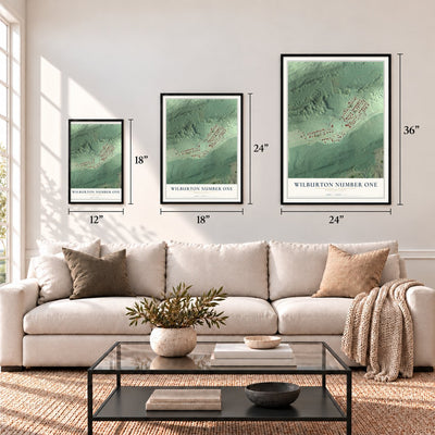 Wilburton Number One, Pennsylvania map in 12 x 18, 18 x 24 and 24 x 36 inch sizes above a sofa