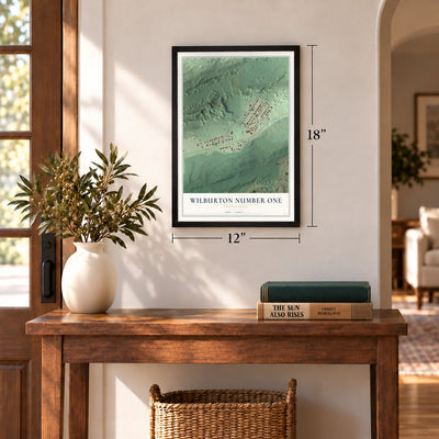 Wilburton Number One, Pennsylvania map, 12 x 18 inch print in a black frame in an entryway