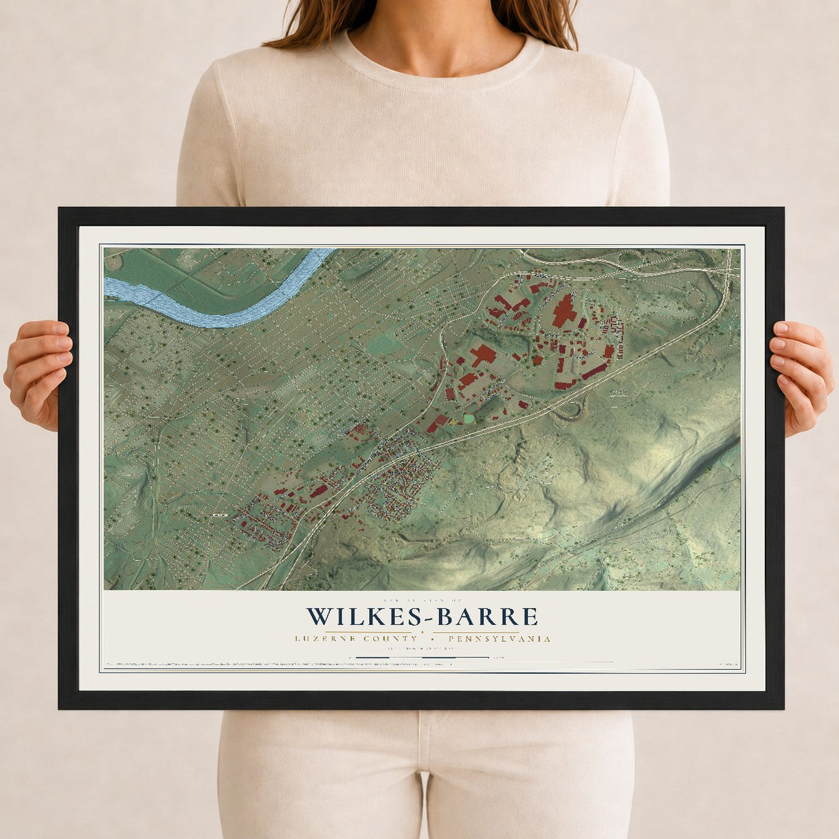 Map of Wilkes-Barre, Luzerne County, Pennsylvania, 12 x 18 inch print in a black wood frame