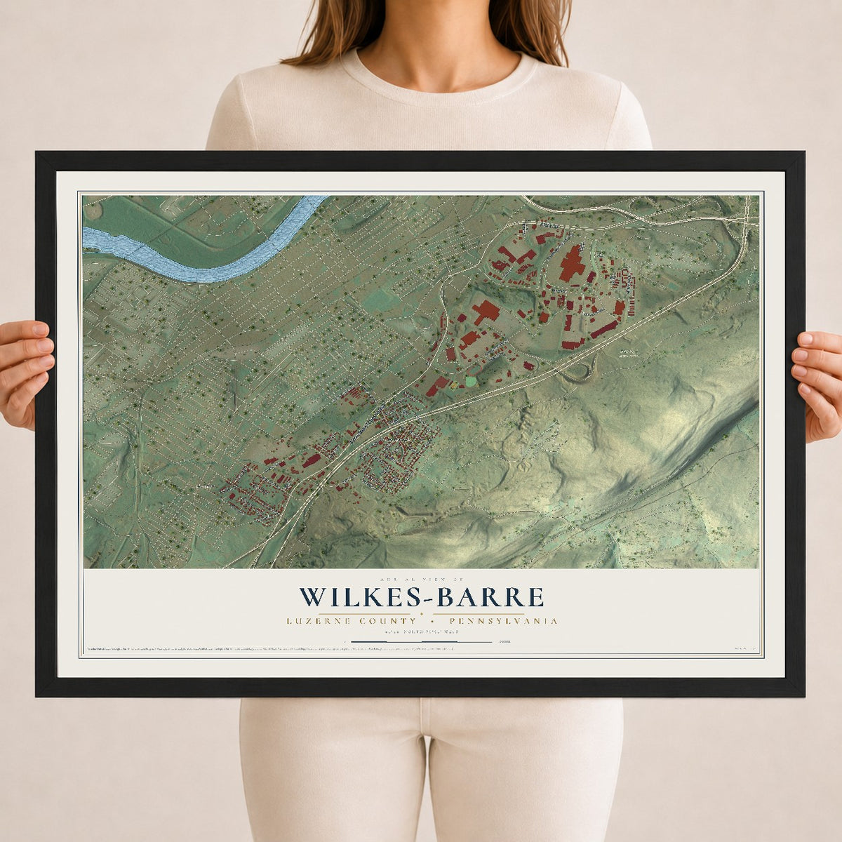 Map of Wilkes-Barre, Luzerne County, Pennsylvania, 18 x 24 inch print in a black wood frame