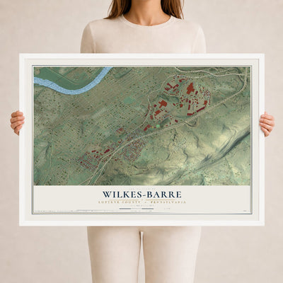 Map of Wilkes-Barre, Luzerne County, Pennsylvania, 24 x 36 inch print in a white wood frame