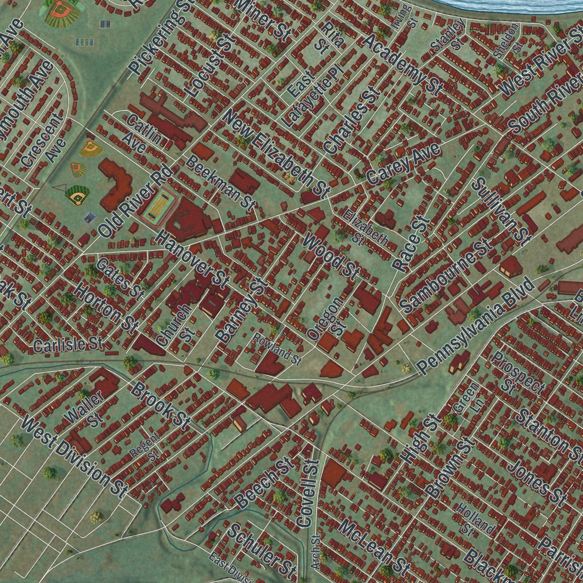 Close-up of the map of the City of Wilkes-Barre, Luzerne County, Pennsylvania print showing street and building detail