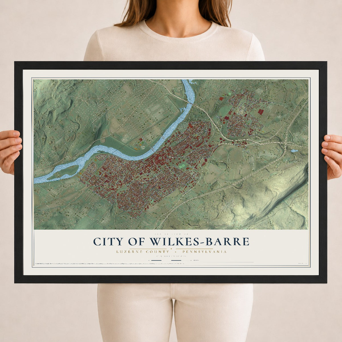 Map of the City of Wilkes-Barre, Luzerne County, Pennsylvania, 18 x 24 inch print in a black wood frame