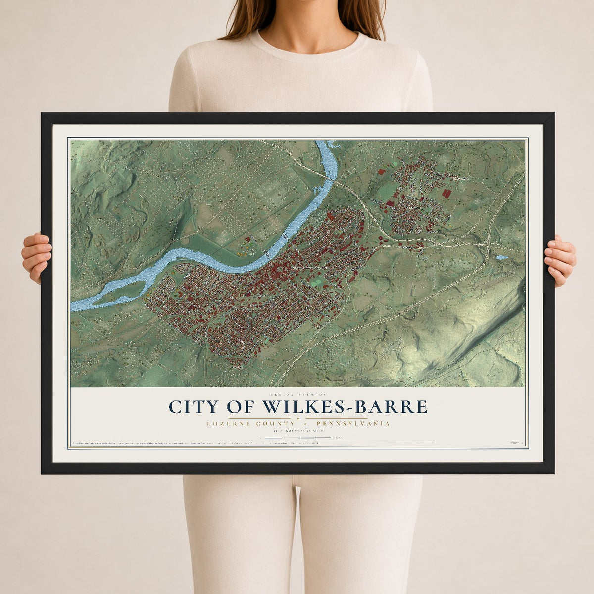 Map of the City of Wilkes-Barre, Luzerne County, Pennsylvania, 24 x 36 inch print in a black wood frame