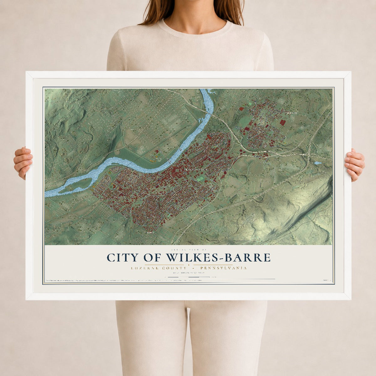 Map of the City of Wilkes-Barre, Luzerne County, Pennsylvania, 24 x 36 inch print in a white wood frame
