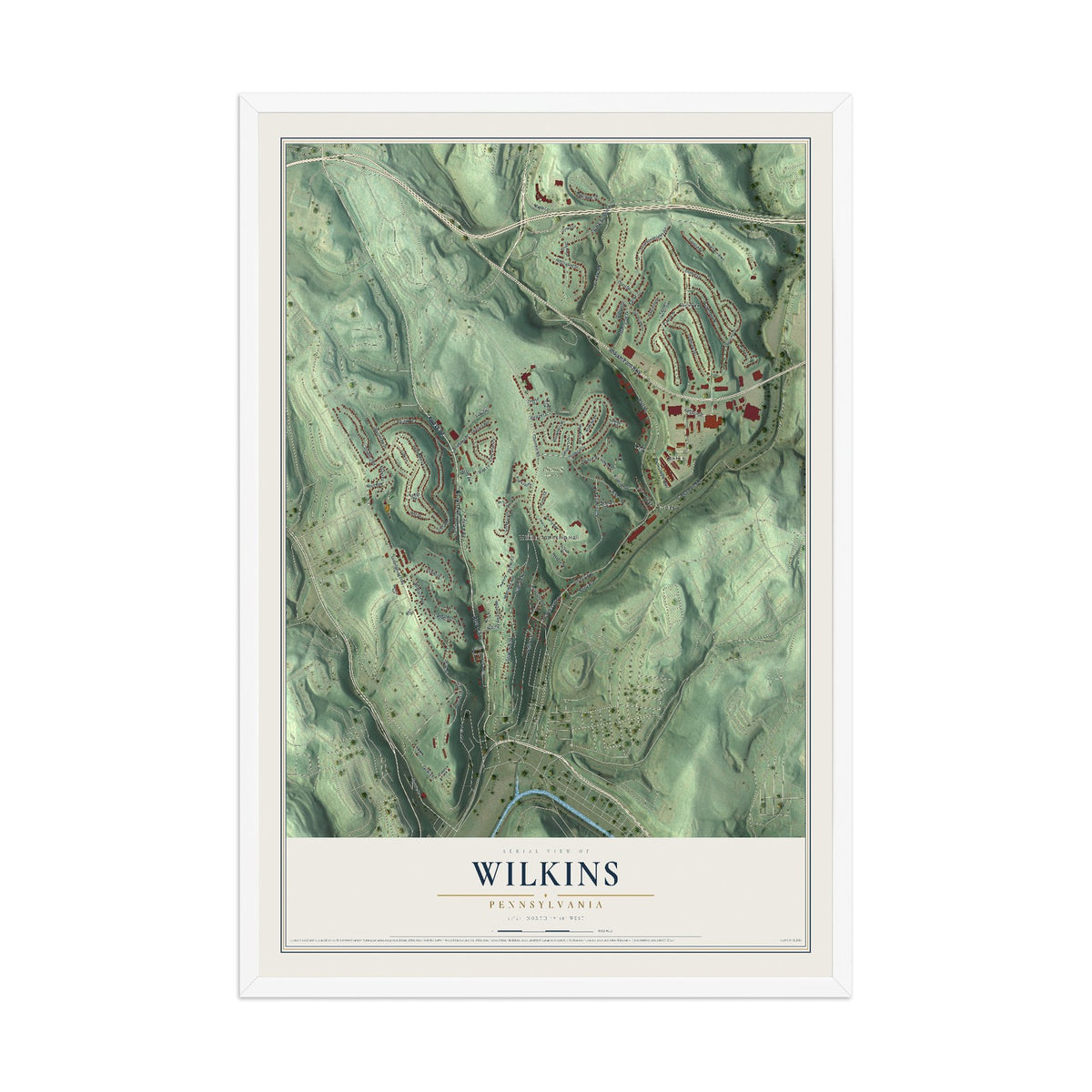 Map of Wilkins, Pennsylvania, 12 x 18 inch print in a white wood frame