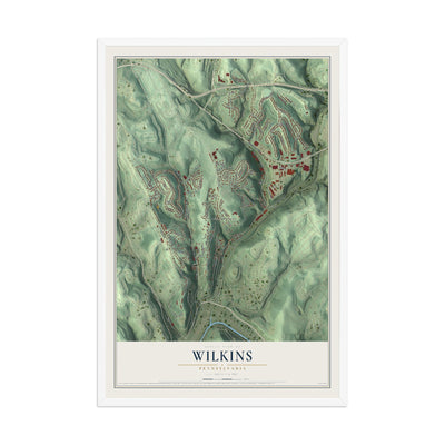 Map of Wilkins, Pennsylvania, 12 x 18 inch print in a white wood frame
