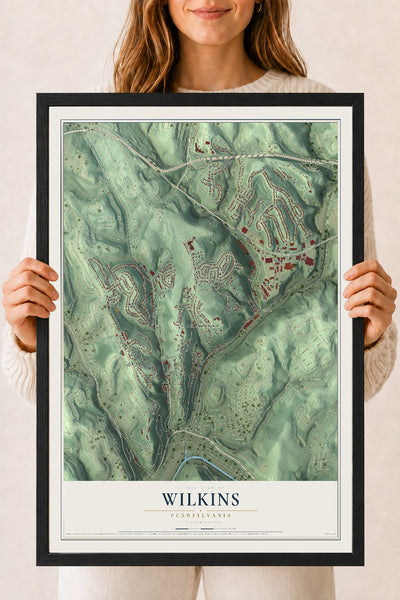 Map of Wilkins, Pennsylvania, 18 x 24 inch print in a black wood frame