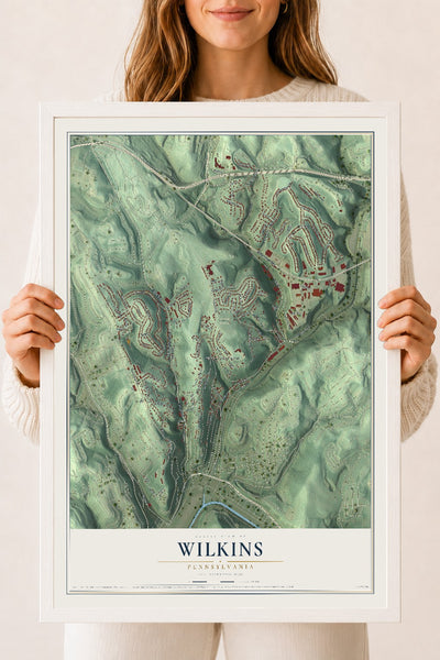 Map of Wilkins, Pennsylvania, 18 x 24 inch print in a white wood frame