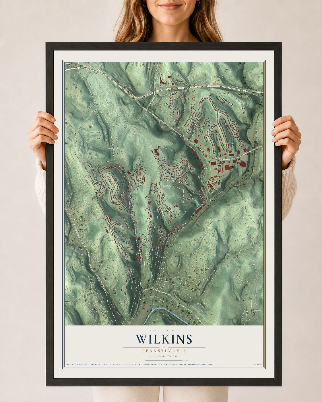 Map of Wilkins, Pennsylvania, 24 x 36 inch print in a black wood frame