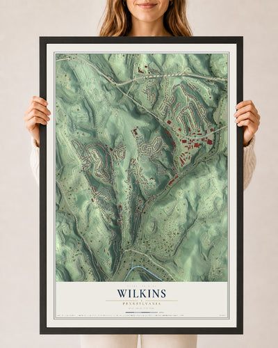 Map of Wilkins, Pennsylvania, 24 x 36 inch print in a black wood frame