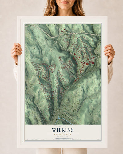 Map of Wilkins, Pennsylvania, 24 x 36 inch print in a white wood frame