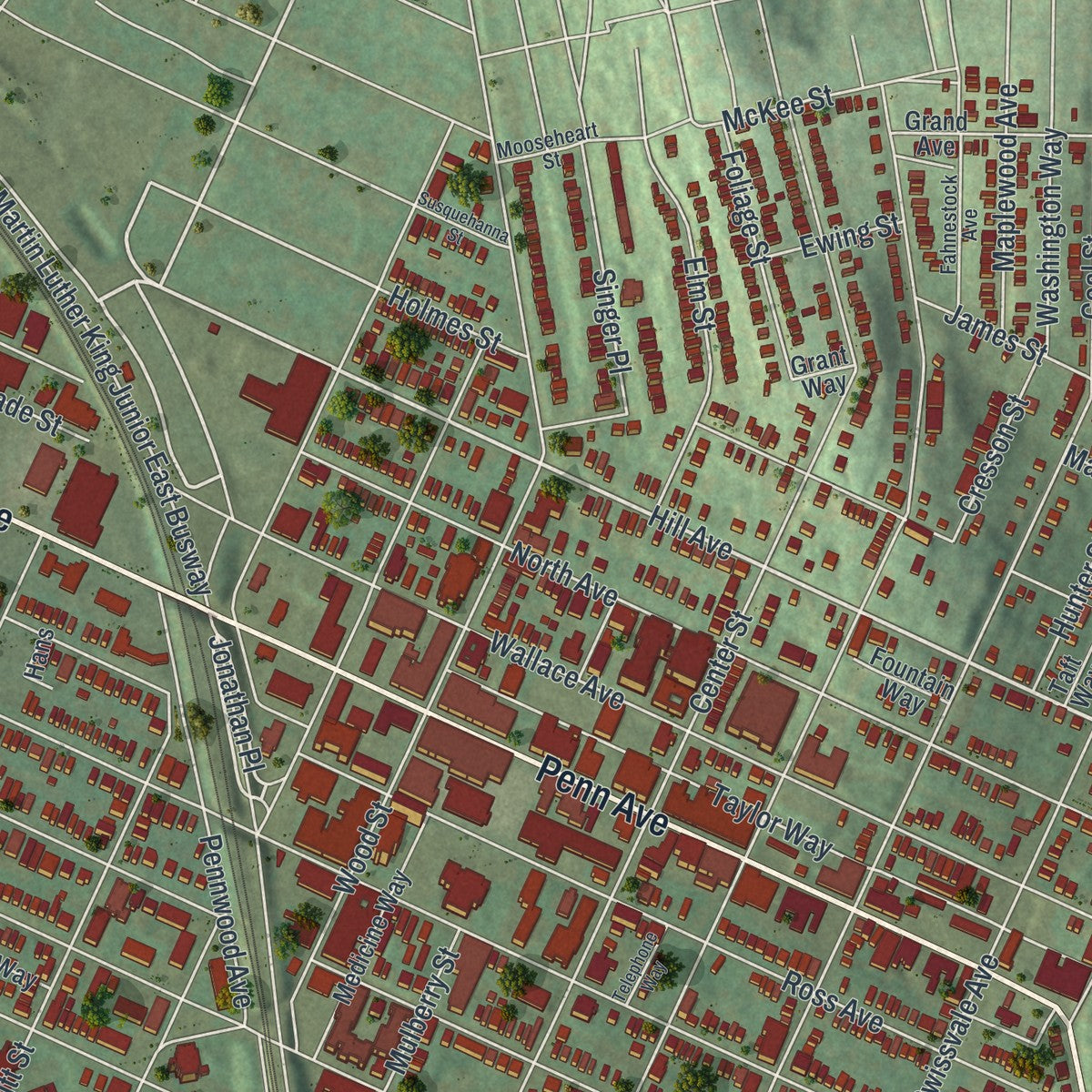 Second close-up of the map of Wilkinsburg, Pennsylvania print showing more streets and buildings
