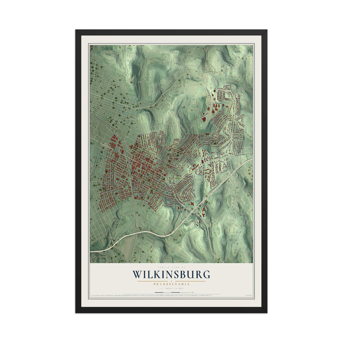 Map of Wilkinsburg, Pennsylvania, 12 x 18 inch print in a black wood frame