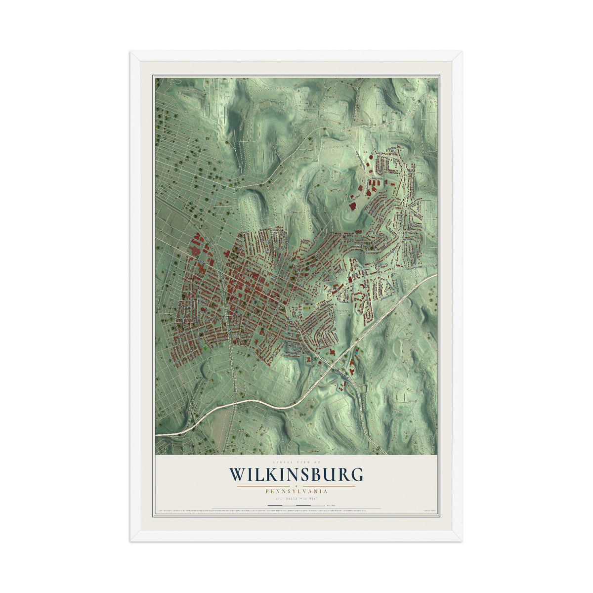 Map of Wilkinsburg, Pennsylvania, 12 x 18 inch print in a white wood frame