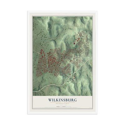 Map of Wilkinsburg, Pennsylvania, 12 x 18 inch print in a white wood frame