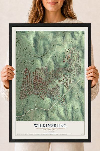 Map of Wilkinsburg, Pennsylvania, 18 x 24 inch print in a black wood frame