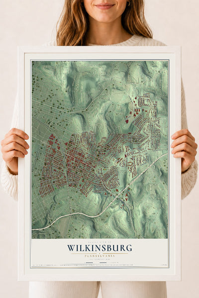 Map of Wilkinsburg, Pennsylvania, 18 x 24 inch print in a white wood frame