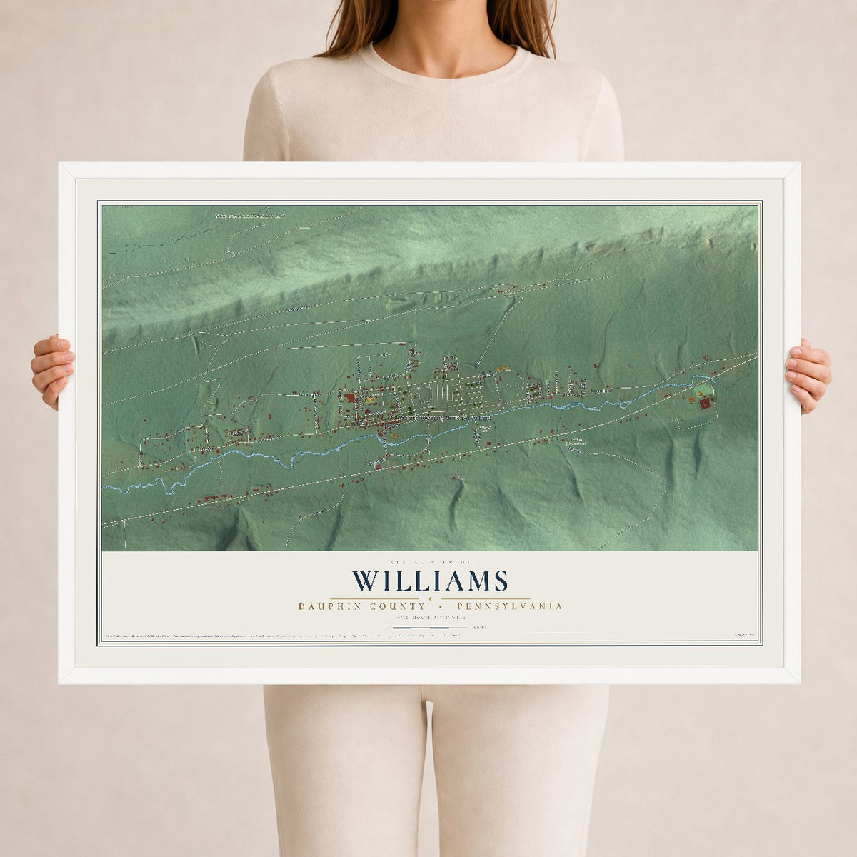Map of Williams, Dauphin County, Pennsylvania, 24 x 36 inch print in a white wood frame