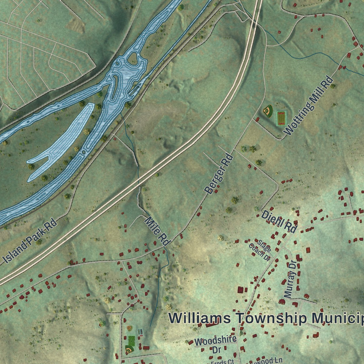 Second close-up of the map of Williams, Northampton County, Pennsylvania print showing more streets and buildings