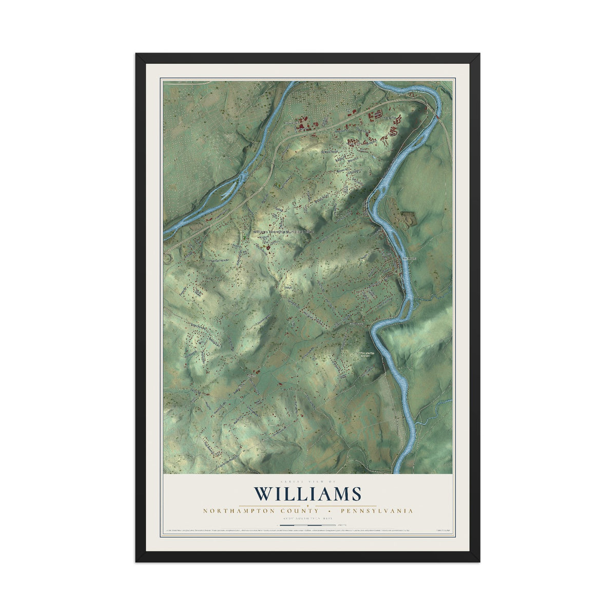 Map of Williams, Northampton County, Pennsylvania, 12 x 18 inch print in a black wood frame