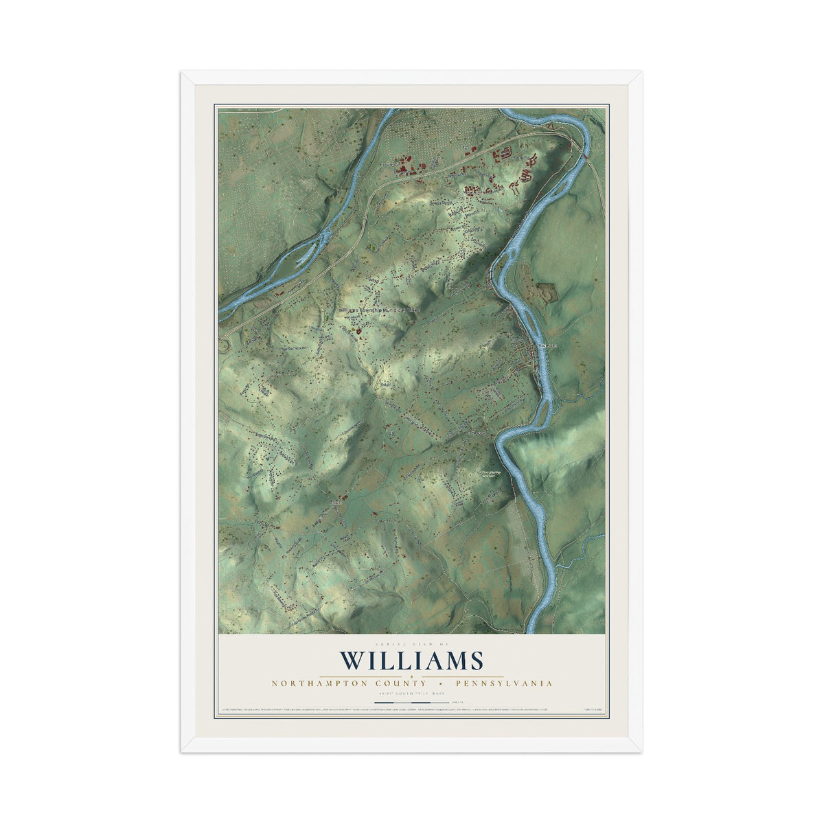Map of Williams, Northampton County, Pennsylvania, 12 x 18 inch print in a white wood frame