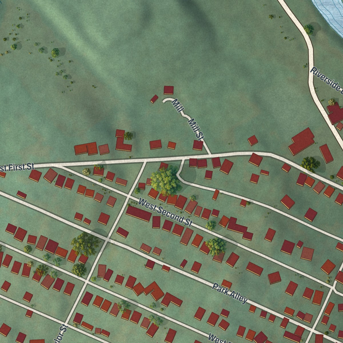 Second close-up of the map of Williamsburg, Pennsylvania print showing more streets and buildings