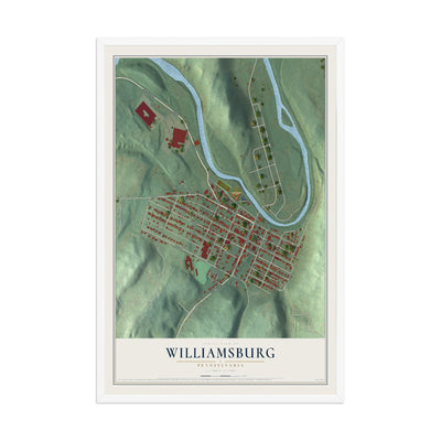 Map of Williamsburg, Pennsylvania, 12 x 18 inch print in a white wood frame