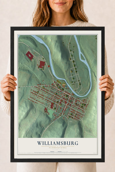 Map of Williamsburg, Pennsylvania, 18 x 24 inch print in a black wood frame