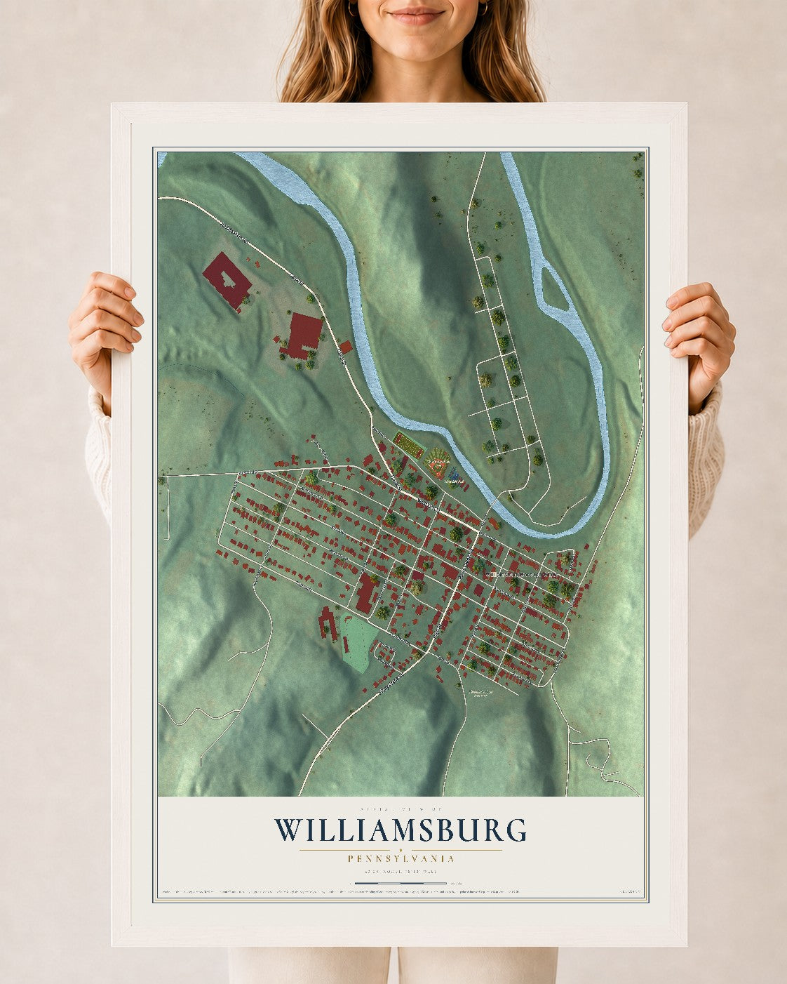 Map of Williamsburg, Pennsylvania, 24 x 36 inch print in a white wood frame