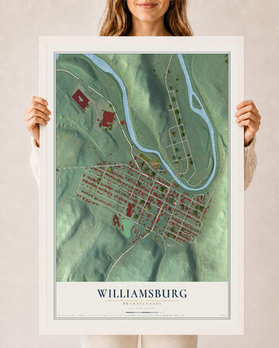 Map of Williamsburg, Pennsylvania, 24 x 36 inch print in a white wood frame