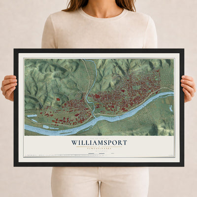 Map of Williamsport, Pennsylvania, 12 x 18 inch print in a black wood frame