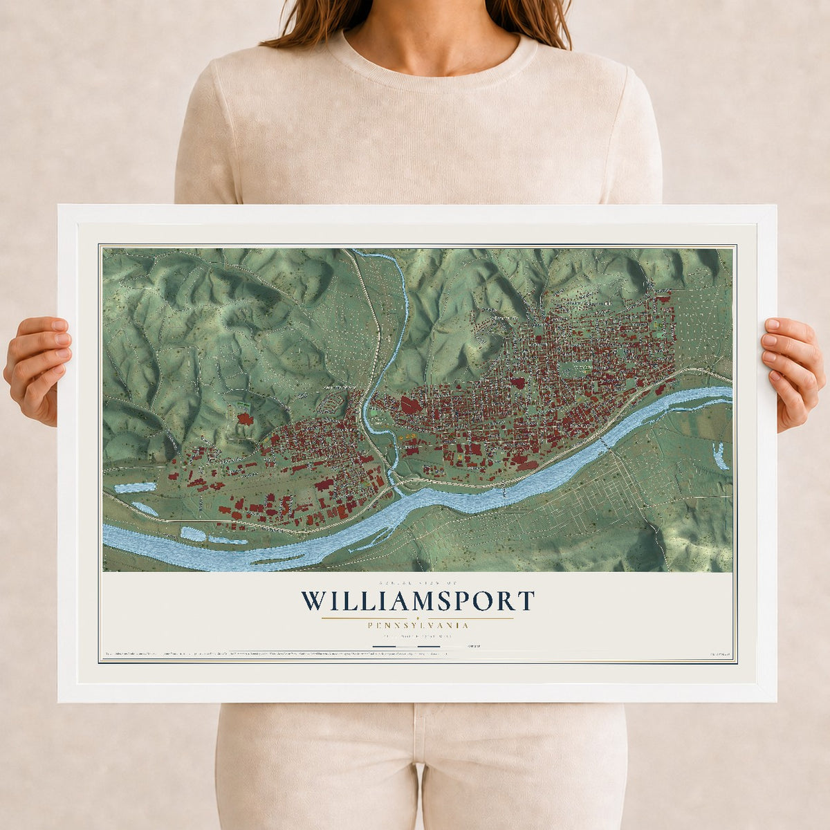 Map of Williamsport, Pennsylvania, 12 x 18 inch print in a white wood frame