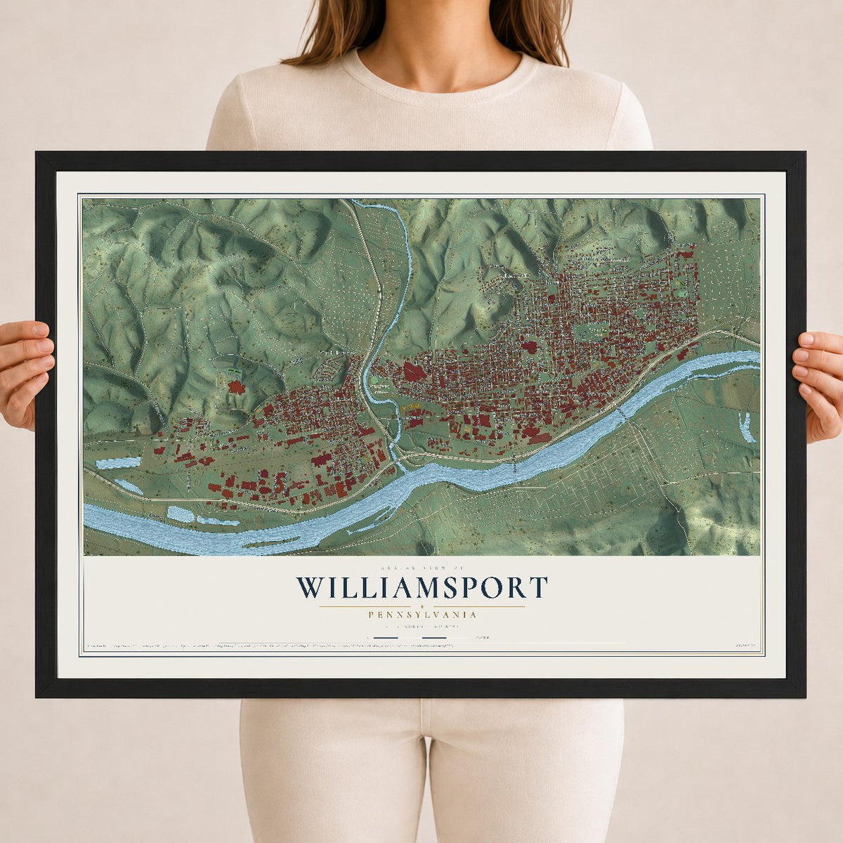 Map of Williamsport, Pennsylvania, 18 x 24 inch print in a black wood frame