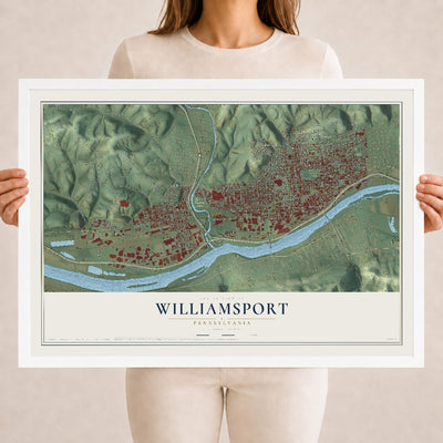 Map of Williamsport, Pennsylvania, 18 x 24 inch print in a white wood frame