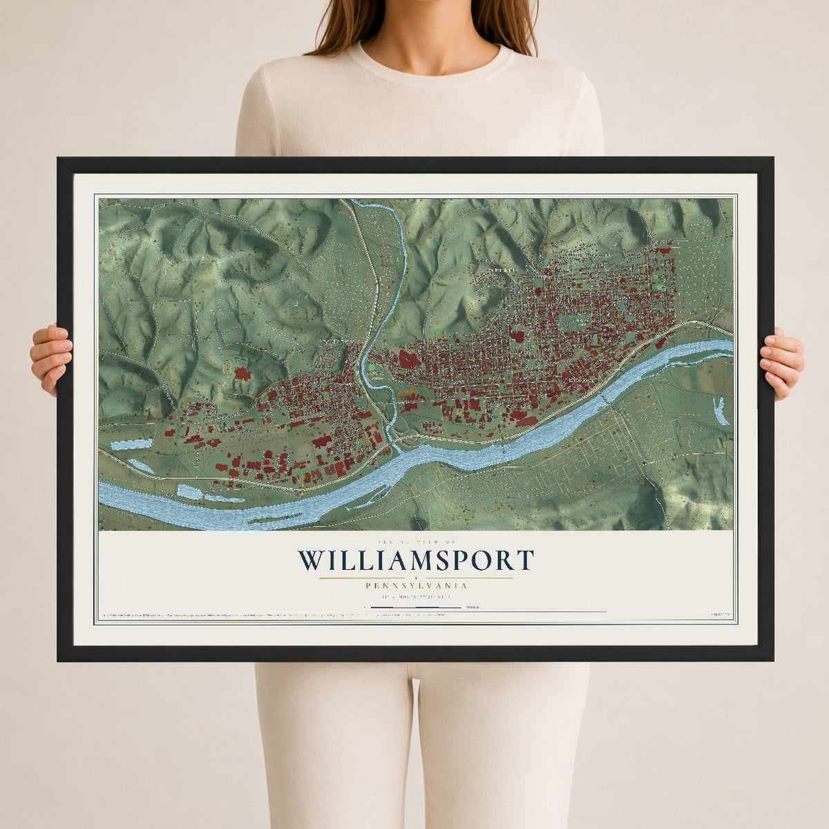 Map of Williamsport, Pennsylvania, 24 x 36 inch print in a black wood frame