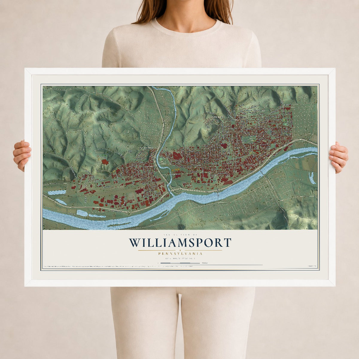 Map of Williamsport, Pennsylvania, 24 x 36 inch print in a white wood frame