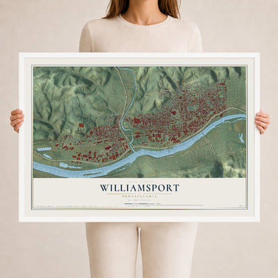 Map of Williamsport, Pennsylvania, 24 x 36 inch print in a white wood frame