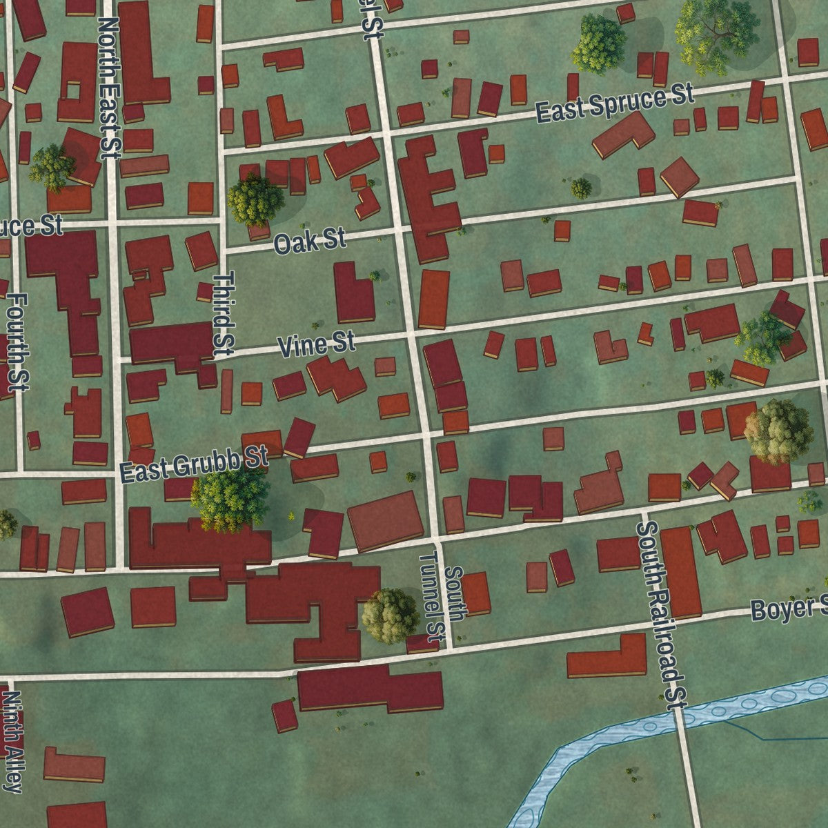 Second close-up of the map of Williamstown, Pennsylvania print showing more streets and buildings