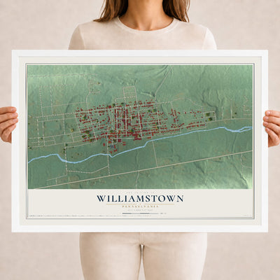 Map of Williamstown, Pennsylvania, 18 x 24 inch print in a white wood frame
