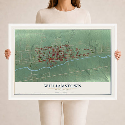 Map of Williamstown, Pennsylvania, 24 x 36 inch print in a white wood frame