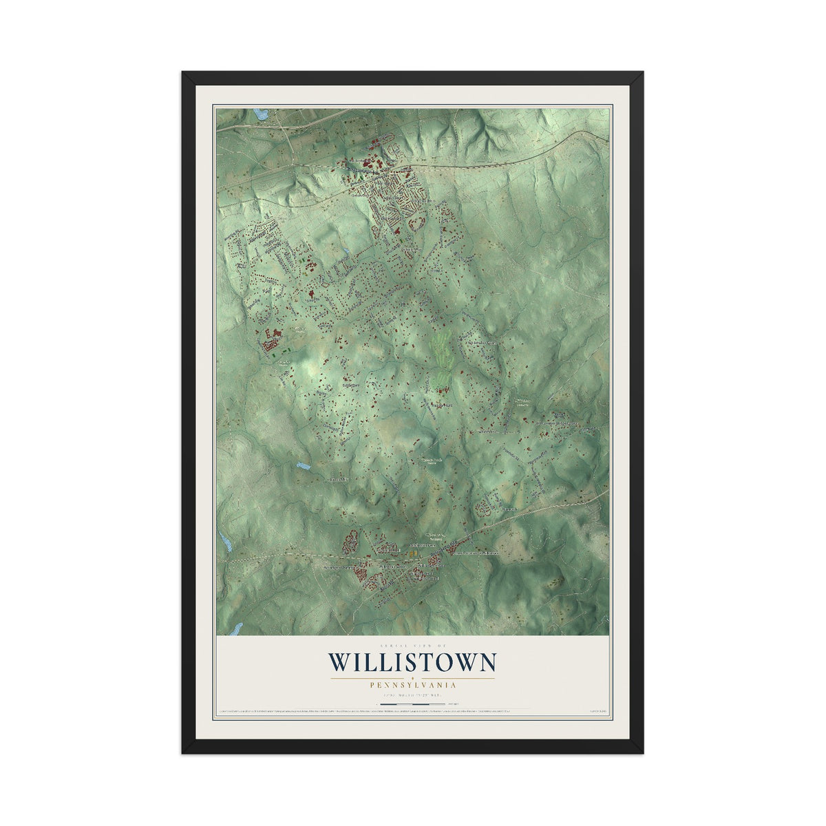 Map of Willistown, Pennsylvania, 12 x 18 inch print in a black wood frame